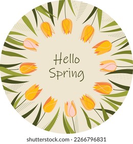 Hello spring background. Spring design template. Hello spring text with white label and pink tulip flowers. Vector stock illustration