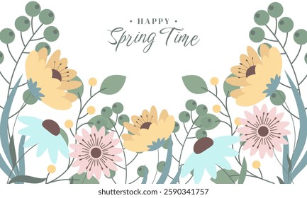 Hello Spring Background with Нand Drawn Flowers. Cute Template for Spring or Summer Banner. Hand Drawn Floral Art Poster for Womens Day March 8, Birthday, Mothers Day, Weddings, Sale, Invitation, Web