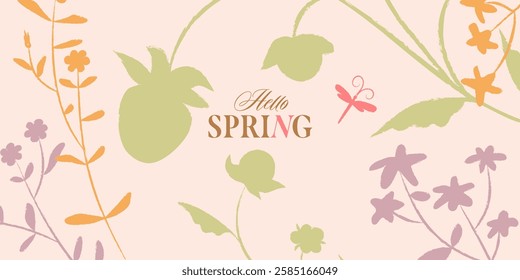 Hello Spring background with floral silhouettes on a soft beige background. Hand drawn flowers with crayon pencil texture. Vintage style design with trendy typography, pastel colored seasonal banner.