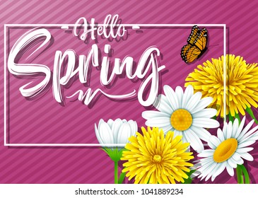 Hello Spring background with flower and butterfly on purple striped and background
