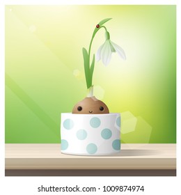 Hello Spring background with Spring flower Snowdrop growing in a pot on wooden table top , vector , illustration