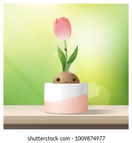 Hello Spring background with Spring flower Tulip growing in a pot on wooden table top , vector , illustration