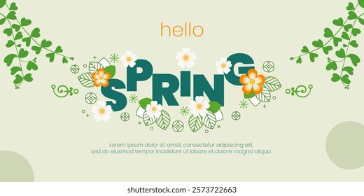 Hello spring background with flowers. Hi spring season. All layered and grouped. Vector.