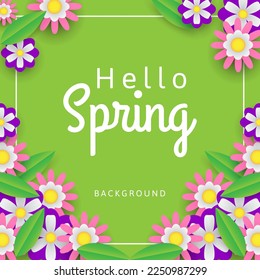 Hello spring background with flowers and leaves illustration on green background. can be used for social media post, banner, poster and greeting card.