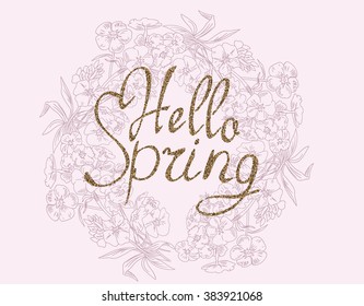 Hello Spring background with gold textured lettering and phlox flowers