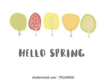 Hello spring. Background with hand drawn trees. Illustration for banners, decorating, cards, and other.
