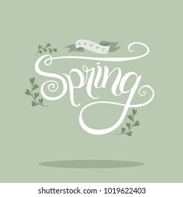 Hello Spring background with heart shaped leaves and stems and hand drawn calligraphy. EPS10 vector illustration.