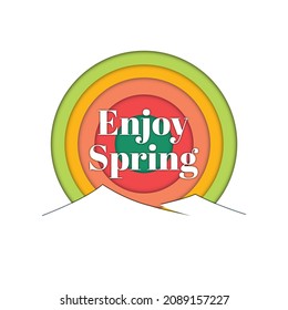 Hello spring background illustration. Can be used as social media post, print, baner, poster, greeting card, and others. Typography and mountain with shadow on white background.