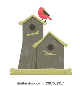 Hello spring background with little birds in wooden birdhouses. Nesting box. Rustic style. 