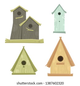 Hello spring background with little birds in wooden birdhouses. Nesting box. Rustic style. 