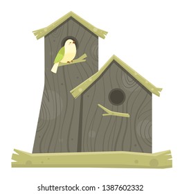 Hello spring background with little birds in wooden birdhouses. Nesting box. Rustic style. 
