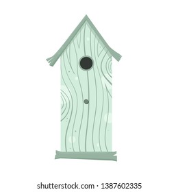 Hello spring background with little birds in wooden birdhouses. Nesting box. Rustic style. 