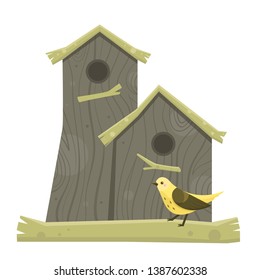 Hello spring background with little birds in wooden birdhouses. Nesting box. Rustic style. 