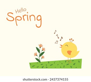 Hello spring background with little birds in, vector, illustration. spring funny birds on a soft pastel color background. Card, sticker, poster, print, banner Positive spring vector illustration.