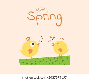 Hallo Frühling Hintergrund mit kleinen Vögeln in, Vektor, Illustration. Frühling lustige Vögel auf einem weichen Pastellfarben Hintergrund. Karte, Aufkleber, Poster, Druck, Banner Positive Feder Vektor-Illustration.