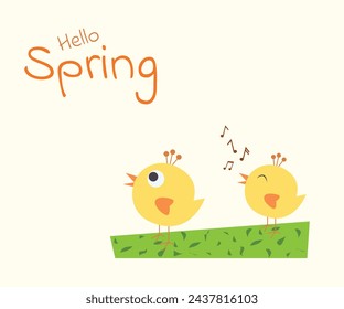 Hola fondo de primavera con pequeños pájaros en, vector, ilustración. primavera pájaros divertidos en un suave fondo de color pastel. Tarjeta, etiqueta engomada, póster, impresión, bandera Ilustración positiva del vector del resorte.