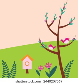 Hola fondo de primavera con pequeños pájaros en, vector, ilustración. primavera pájaros divertidos en un suave fondo de color pastel. Tarjeta, etiqueta engomada, póster, impresión, bandera Ilustración positiva del vector del resorte.