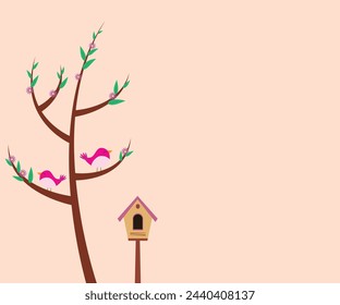 Hola fondo de primavera con pequeños pájaros en, vector, ilustración. primavera pájaros divertidos en un suave fondo de color pastel. Tarjeta, etiqueta engomada, póster, impresión, bandera Ilustración positiva del vector del resorte.