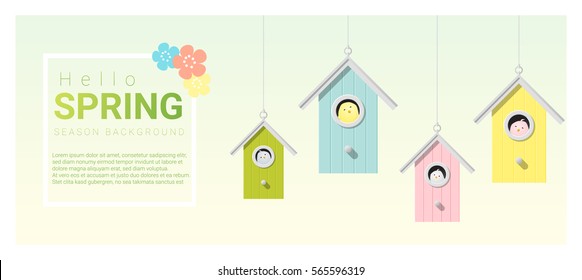 Hello spring background with little birds in birdhouses , vector , illustration