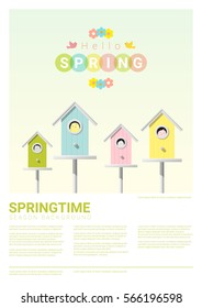 Hello spring background with little birds in birdhouses , vector , illustration