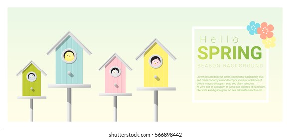 Hello spring background with little birds in birdhouses , vector , illustration