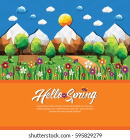 Hello spring background with meadow and flowers, Beautiful landscape polygonal  template. vector illustration