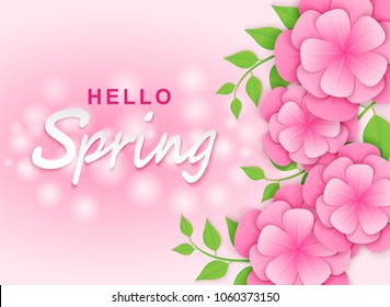 Hello spring background.  paper art style flowers and tree leaves . light and shadow . Vector.