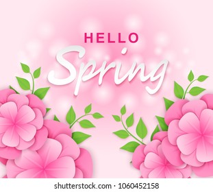 Hello spring background.  paper art style flowers and tree leaves . light and shadow . Vector.