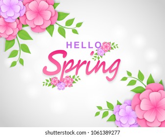 Hello spring background.  paper art style flowers and tree leaves . light and shadow . Vector.
