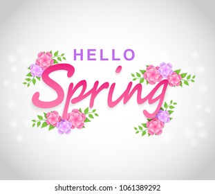 Hello spring background.  paper art style flowers and tree leaves . light and shadow . Vector.