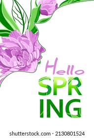 Hello spring background with peonies flowers. Spring vertical placard, poster, flyer, banner invitation card. Flowers and leaves, can be used as web, greeting card, spring background. Vector