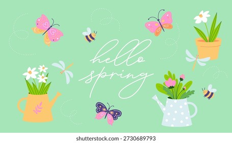 Hola Fondo de primavera con letras juguetonas, regando macetas, flores florecientes e insectos voladores. Ilustración fresca y alegre para diseños de primavera.