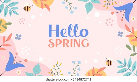 Hello spring background, poster, banner with floral elements. Colorful and modern vector illustration with spring flowers and branches.
