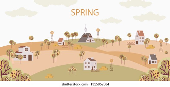 Hello Spring background. Poster with spring landscape and houses in the Scandinavian style. Editable vector illustration