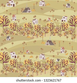 Hello Spring background. Poster with spring landscape and houses in the Scandinavian style. Editable vector illustration