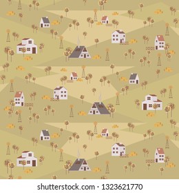 Hello Spring background. Poster with spring landscape and houses in the Scandinavian style. Editable vector illustration