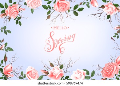 Hello Spring Background with Roses. Hand Drawn Lettering.