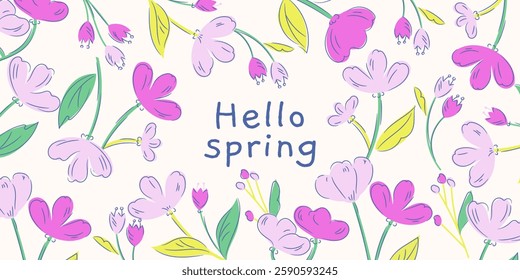 Hello Spring Background. Spring season background. Beautiful spring pattern with abstract flowers. Concept of trendy spring cover.