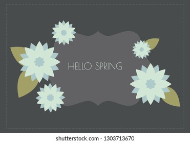 Hello spring background. Simple frame blue florals with dark grey background.