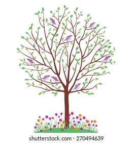 Hello spring. Spring background with tree, birds and flowers. Spring elements for your design. Isolated on white background. Vector illustration.