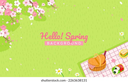 Hello! Spring background vector illustration. Picnic under Cherry blossoms trees