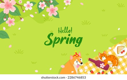 Hello! Spring background vector illustration. Picnic under Cherry blossoms trees with cat and dog	