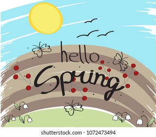 Hello spring background. For web site,poster,placard,banner and wallpaper. Backdrop for brochure,emblem and badge. Creative art concept, vector illustration, eps 10