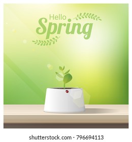 Hello Spring background with young sprout growing in a pot on wooden table top , vector , illustration