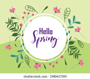 hello spring badge and delicate flowers