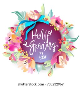 Hello Spring banner, background. Beautiful abstract flowers (floral) frame, bouquet, with colorful circle frame purple color with transition, and Hello Spring beautiful lettering with blue silk bow