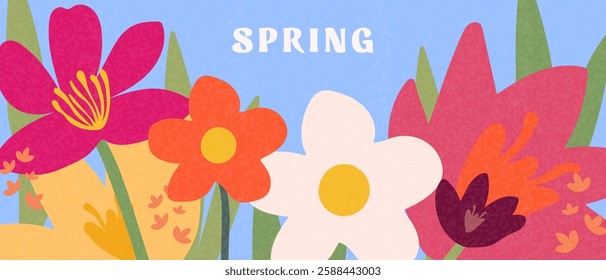 Hello Spring banner. Spring background with bright creative flowers for social media posts, cards. Vector.