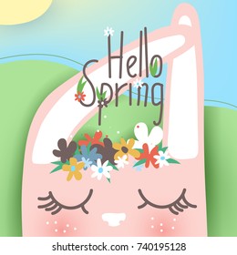 Hello Spring banner, background, greeting card. Paper cutout cute and beautiful pink bunny with closed eyes and wreath of flowers on green field and blue sky with sun. Cartoon style with 3d effect