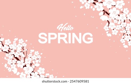 Hello spring banner ou estilo de fundo. Flor de cereja em fundo rosa e textura na moda. Ilustrações isoladas desenhadas à mão.