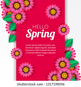 Hello Spring banner background template with pink flower blossom happy joy